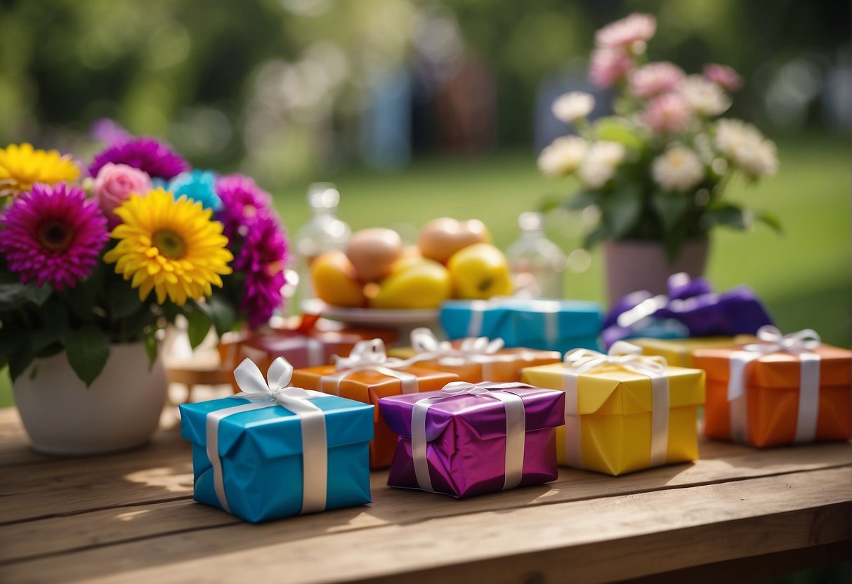 Colorful party favors and giveaways arranged on a table in a garden setting with flowers and greenery in the background