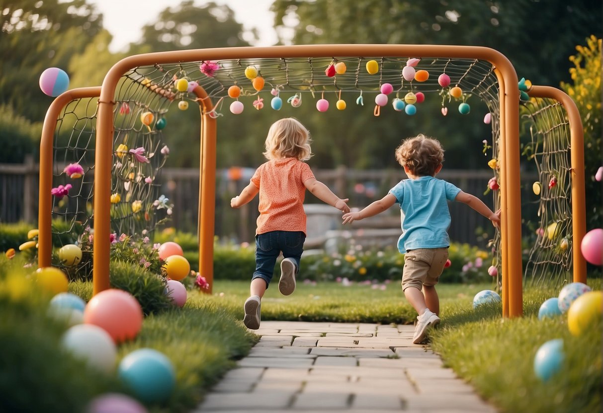 Children playing in a fenced garden with soft, cushioned seating, and colorful, non-toxic decorations. Safety gates and adult supervision ensure a secure and joyful atmosphere