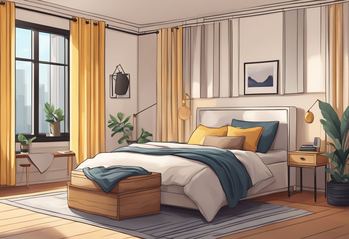 A cozy bedroom with a warm bed, thick curtains, and a space heater