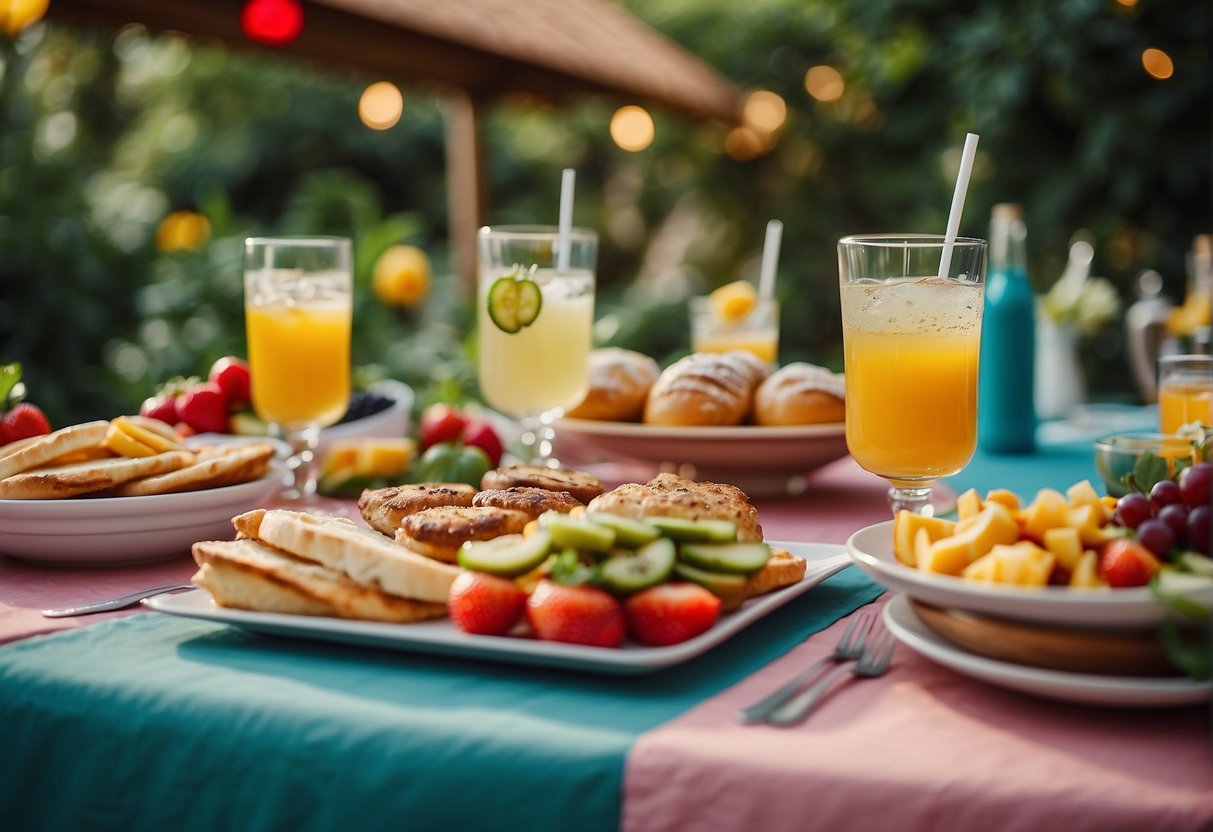 A colorful array of food and drink stations set up in a lush garden, with vibrant tablecloths and whimsical decorations creating a festive atmosphere