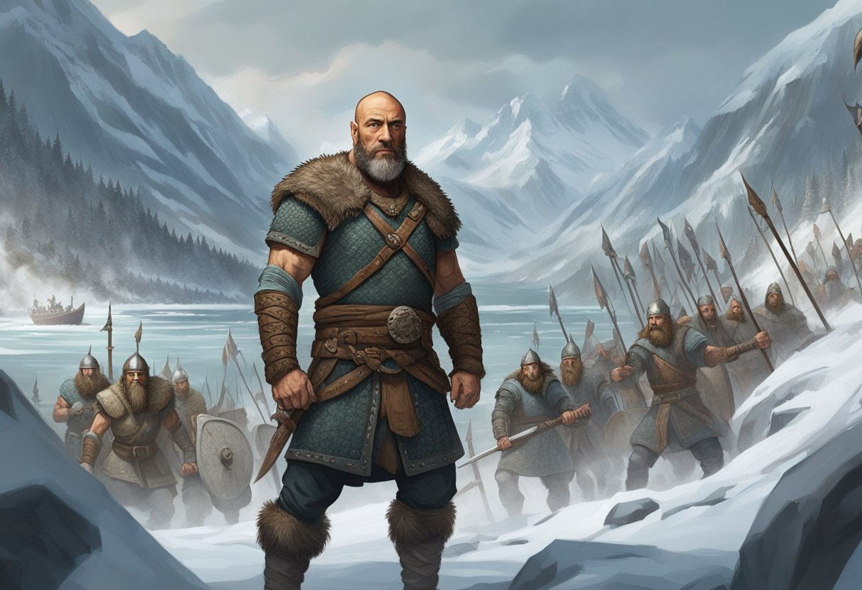Joe Rogan stands among fierce Viking warriors, their longships looming in the background. The rugged landscape is dotted with snow-covered mountains and dense forests