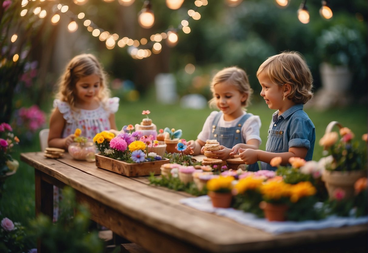 Children play in a whimsical garden filled with colorful flowers, fluttering butterflies, and twinkling fairy lights. A table is set with treats and crafts for a magical garden party