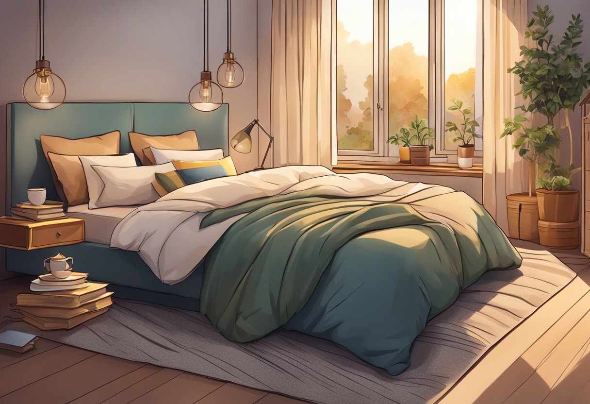 A cozy bedroom with warm lighting, a thick comforter on the bed, and a bedside table with a cup of herbal tea and a book