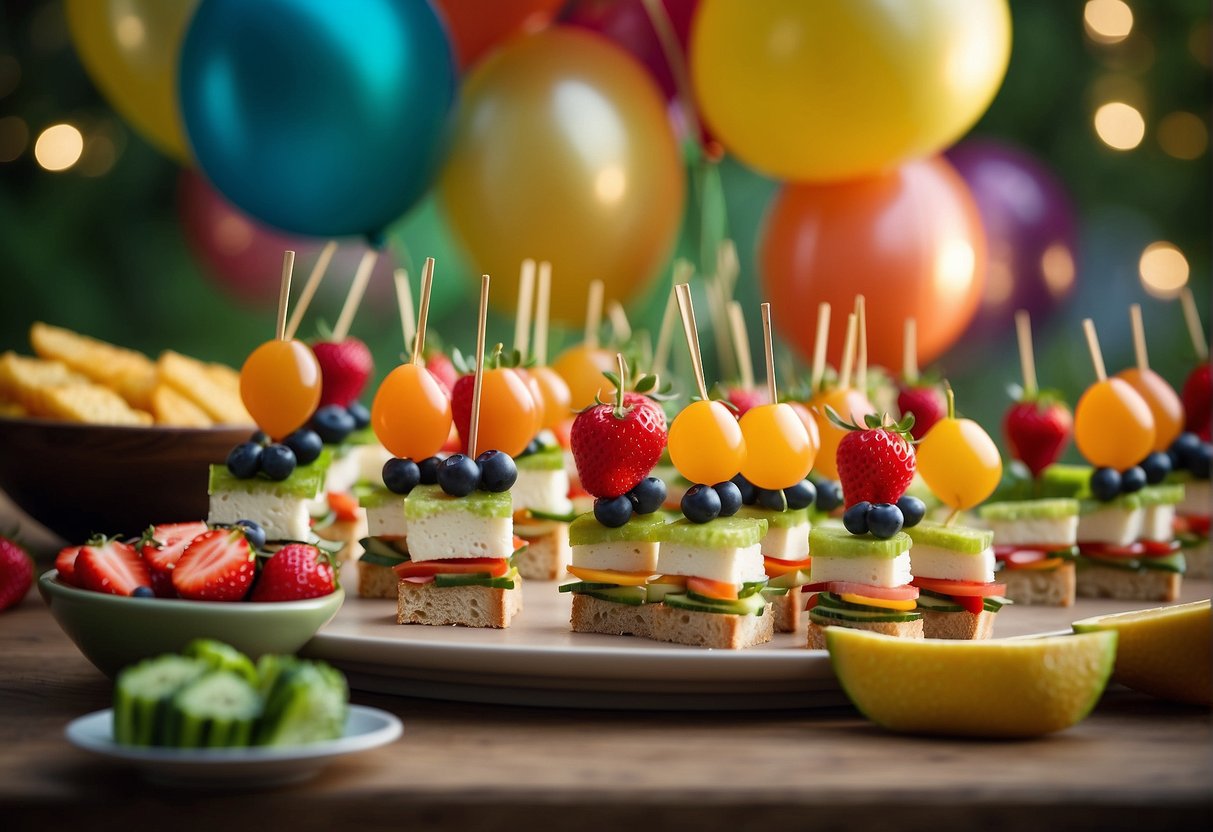 A colorful spread of mini sandwiches, fruit skewers, and veggie sticks on a festive table with balloons and party decorations