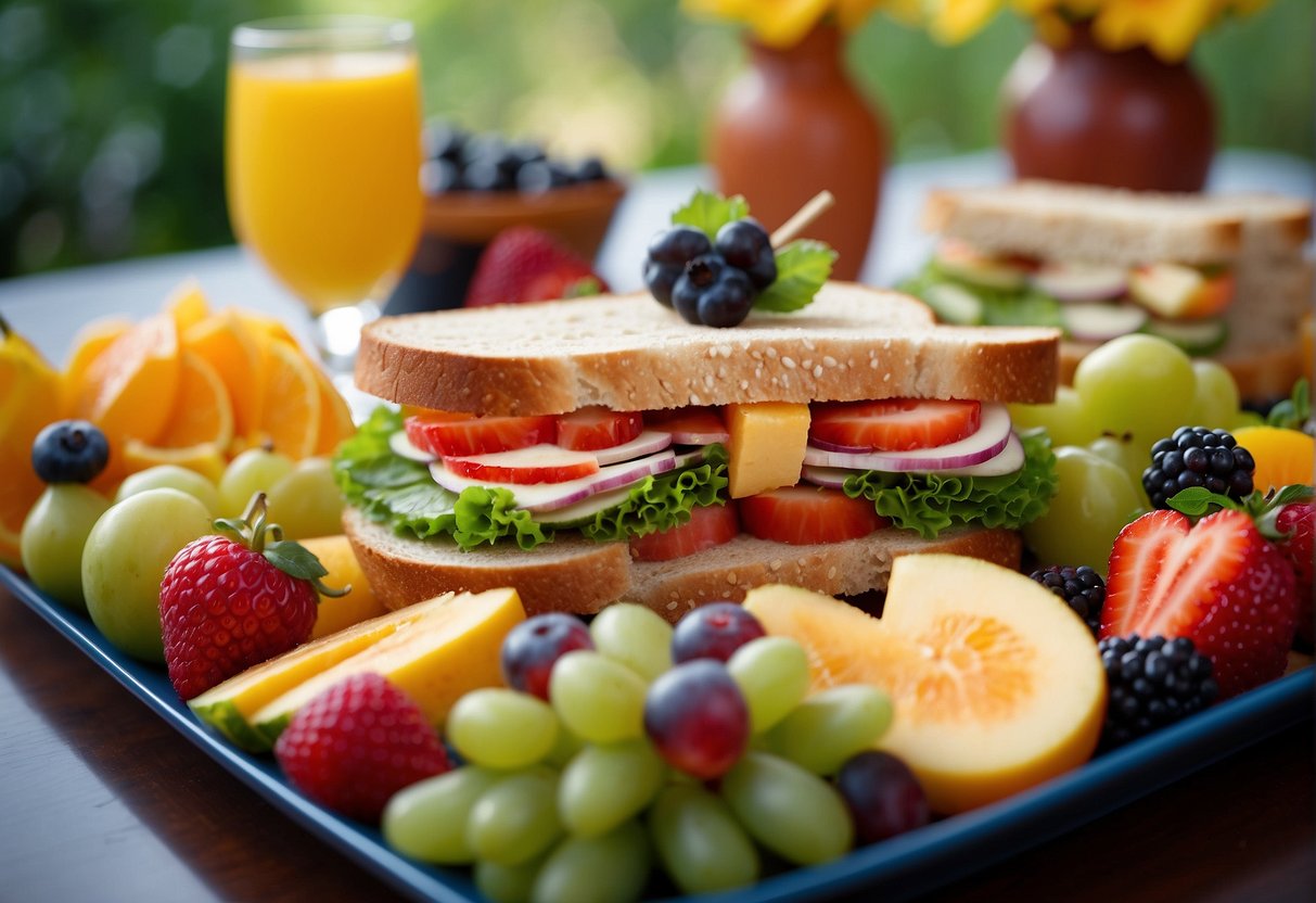 Colorful sandwich platters arranged on a festive table with fun-shaped sandwiches like stars, hearts, and animals, surrounded by fruit and veggie skewers