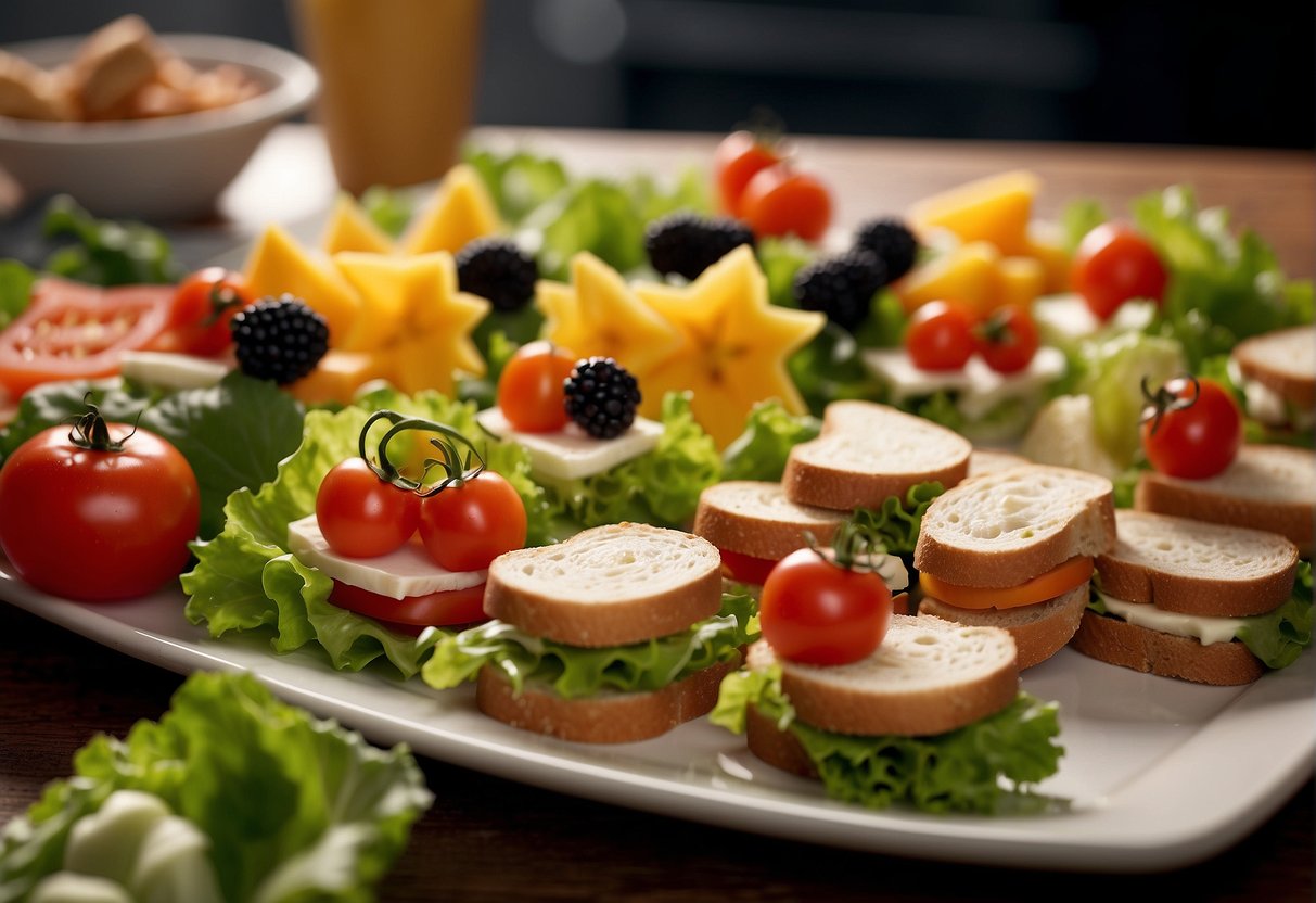 Colorful, bite-sized sandwiches arranged on a platter with fun shapes and designs. Surrounding the platter are various fresh ingredients like lettuce, tomatoes, and cheese, ready for little hands to create their own gourmet sandwiches