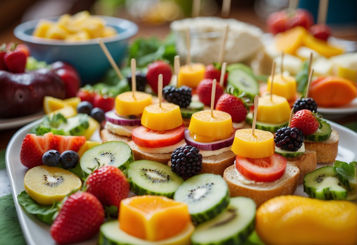 A colorful array of kid-friendly sandwich options surrounded by fruit skewers and veggie cups on a vibrant table setting