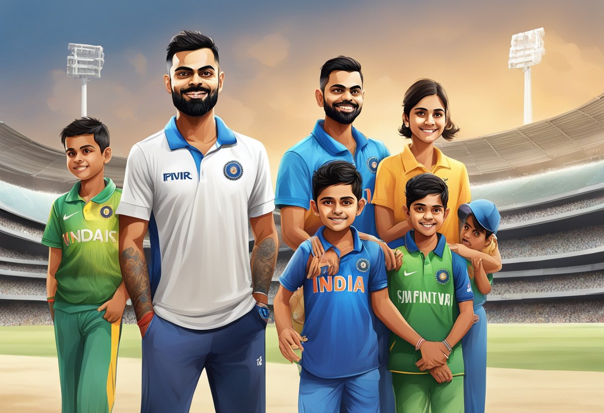 Virat Kohli's cricket journey, with family, wife, and children in the background, showcasing his height and age