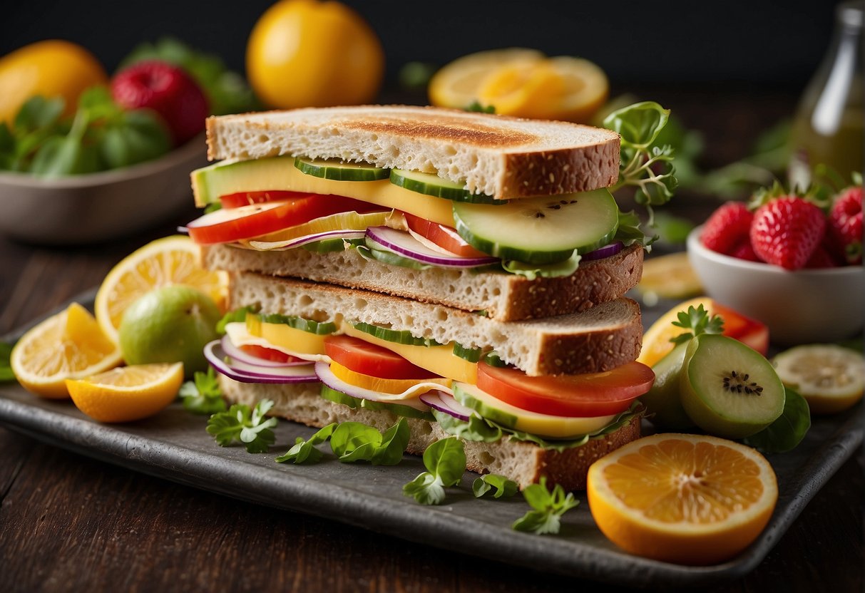 Colorful sandwich platter with various fillings and allergen-free options, surrounded by fruit and vegetable garnishes