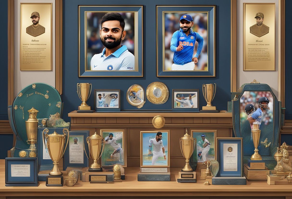 A trophy display with Virat Kohli's cricket records, family photos, and personal mementos