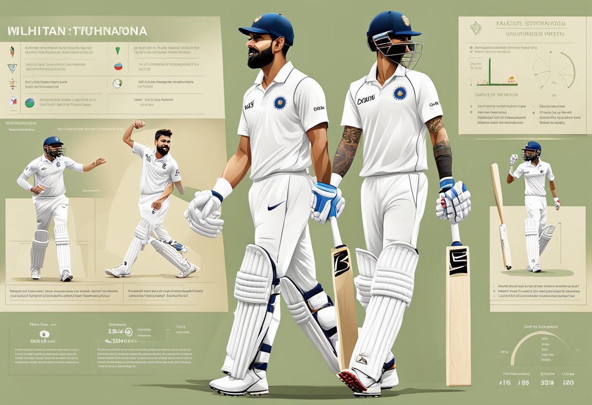 Virat Kohli's profile and playing style depicted through cricket equipment and statistics