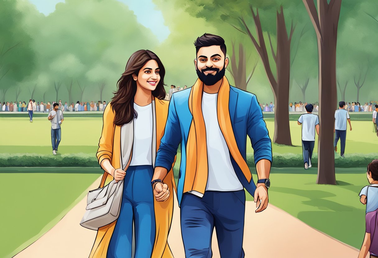 Virat Kohli and Anushka Sharma walking together in a park
