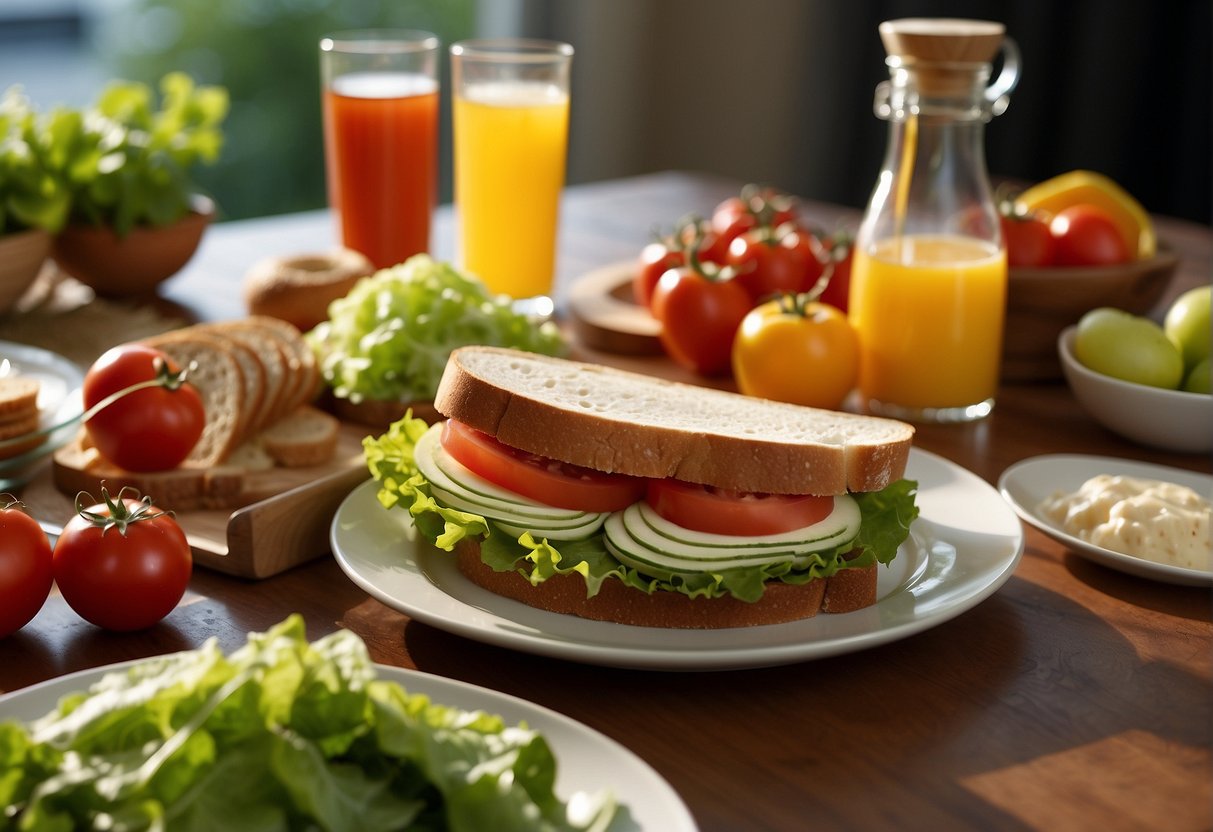 Colorful sandwich ingredients laid out on a table with bread, cheese, lettuce, tomatoes, and condiments. Juice boxes and fruit arranged nearby