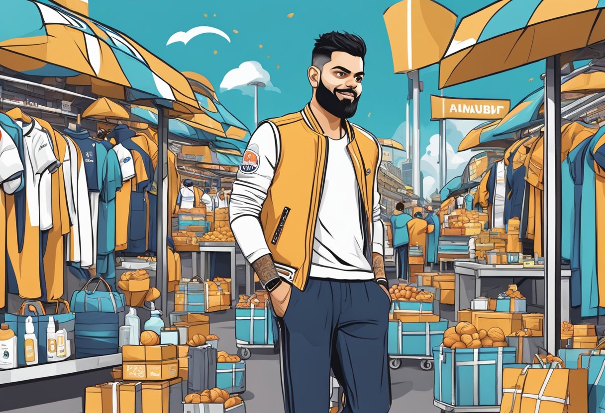 A bustling marketplace with billboards and logos featuring Virat Kohli. A line of products endorsed by him, from sports gear to grooming products
