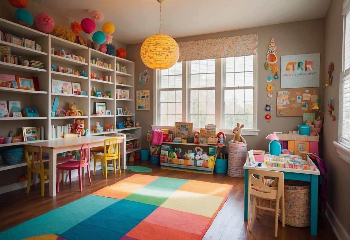A colorful playroom with shelves filled with craft supplies, a cozy reading nook, and a large table for art projects. Bright natural light floods the room, and the walls are adorned with vibrant artwork and educational posters