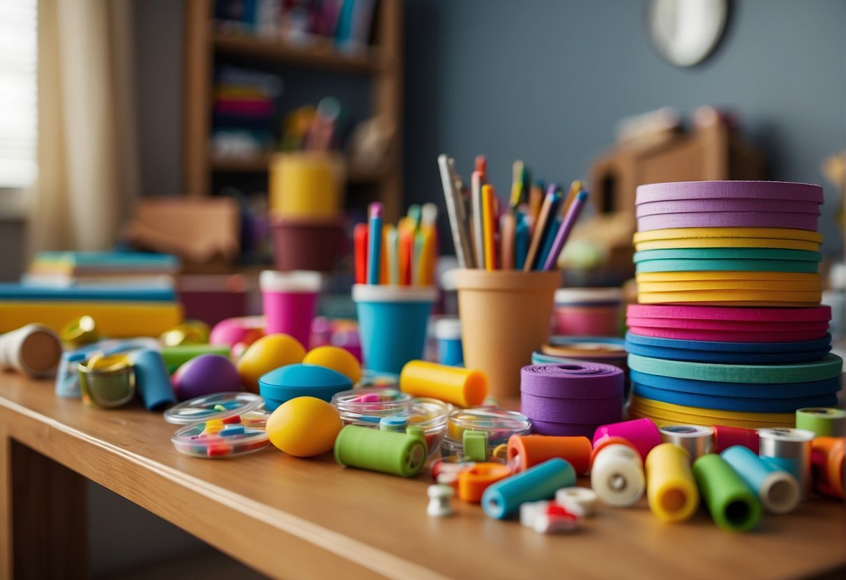 Brightly colored craft supplies scattered on a table with children's room decor in the background. A completed DIY project sits proudly on a shelf