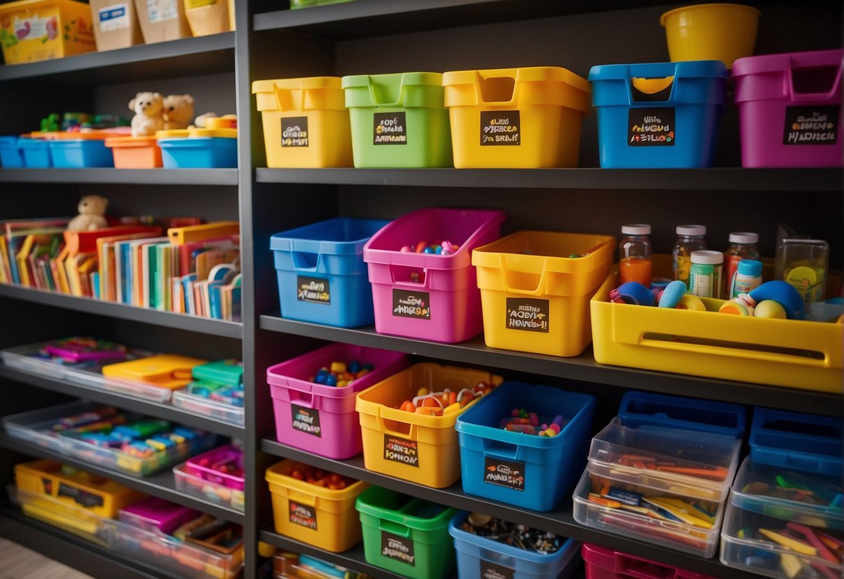 Colorful toys and art supplies neatly organized on shelves and in bins in a children's room