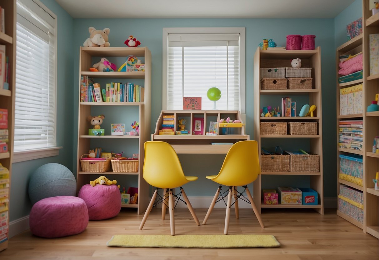 A child's room with a sturdy desk, storage bins, and colorful chairs. Craft supplies and books are neatly organized on shelves