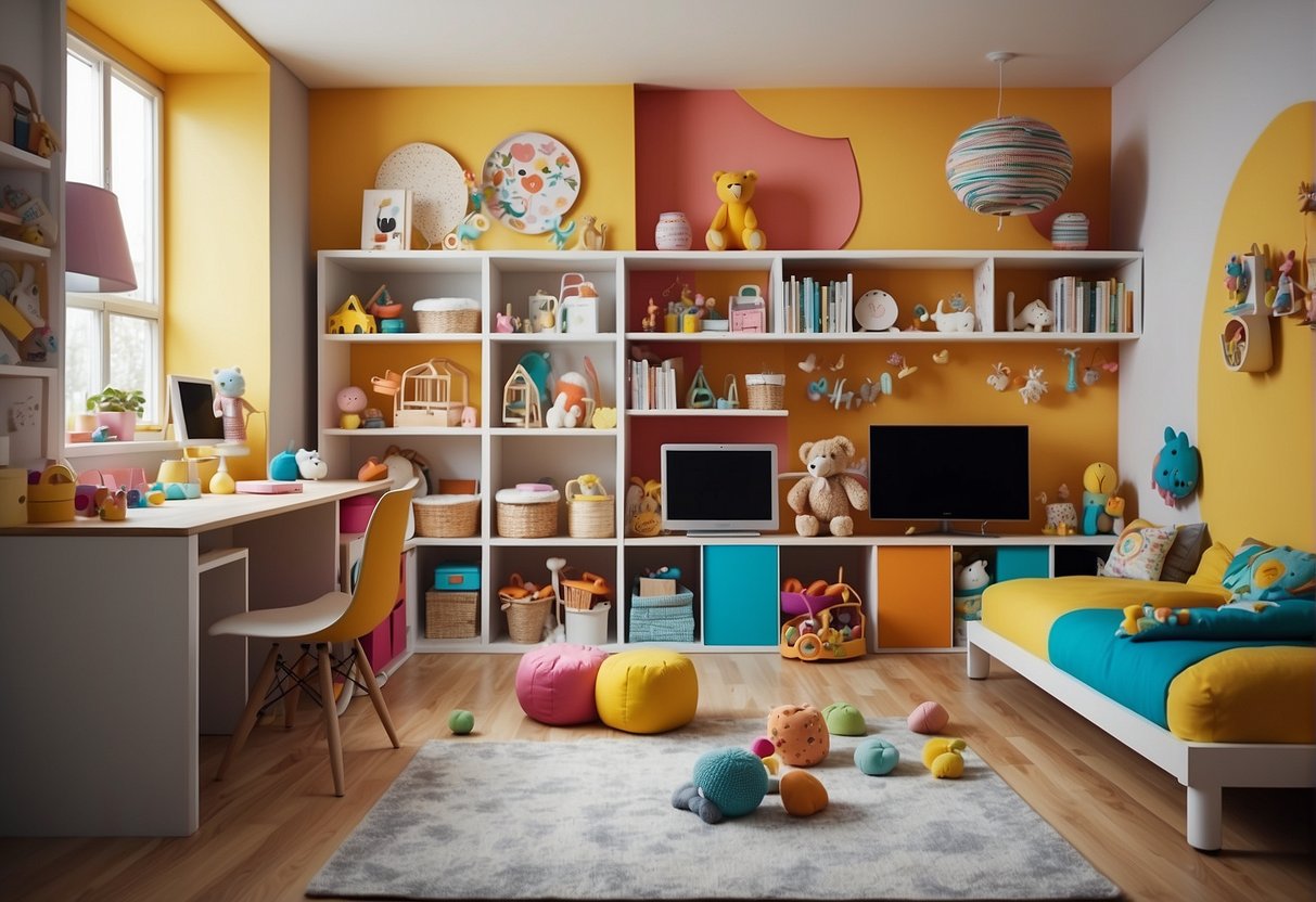A colorful children's room with art and accessories displayed on shelves and walls, featuring handmade crafts and playful decorations