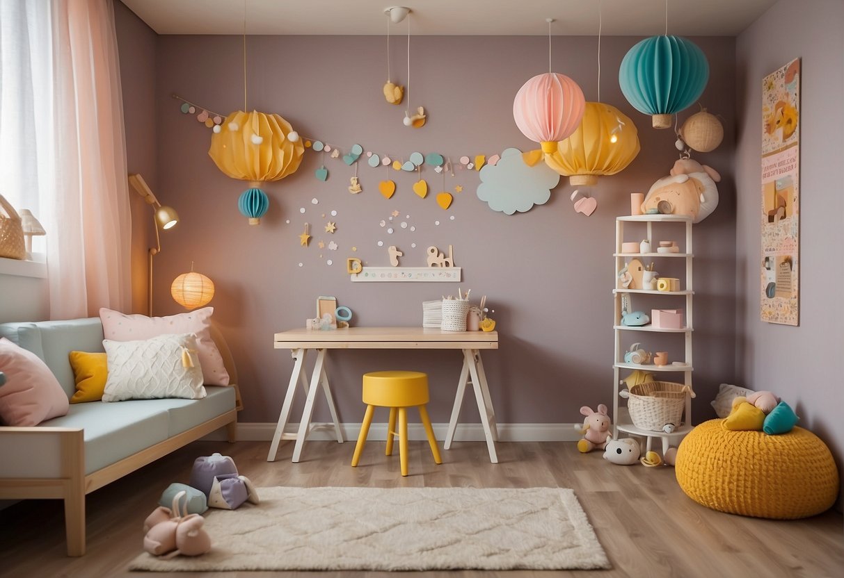 Colorful wall decals, cozy reading nook, and handmade mobiles adorn the children's room. A DIY art station with bright supplies and a personalized name banner complete the space