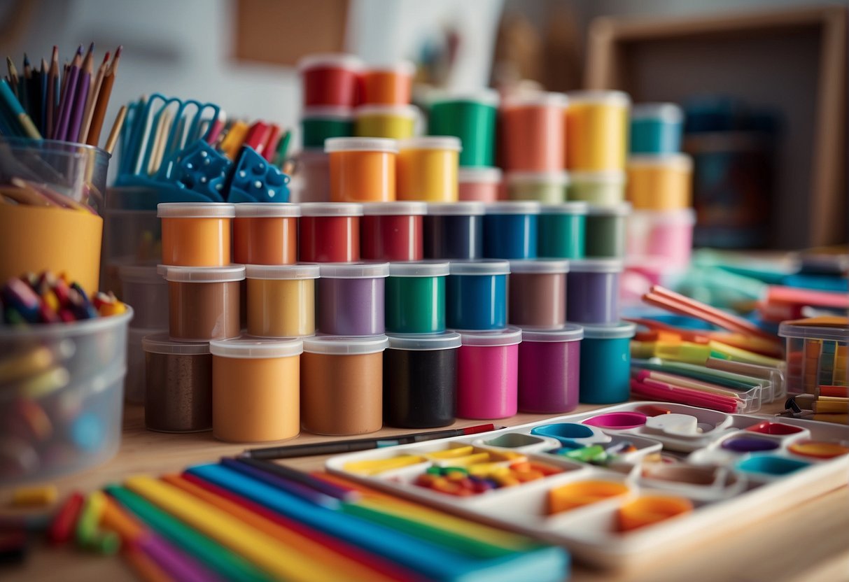 Colorful art supplies scattered on a shared children's room table with unfinished craft projects and storage bins for easy access