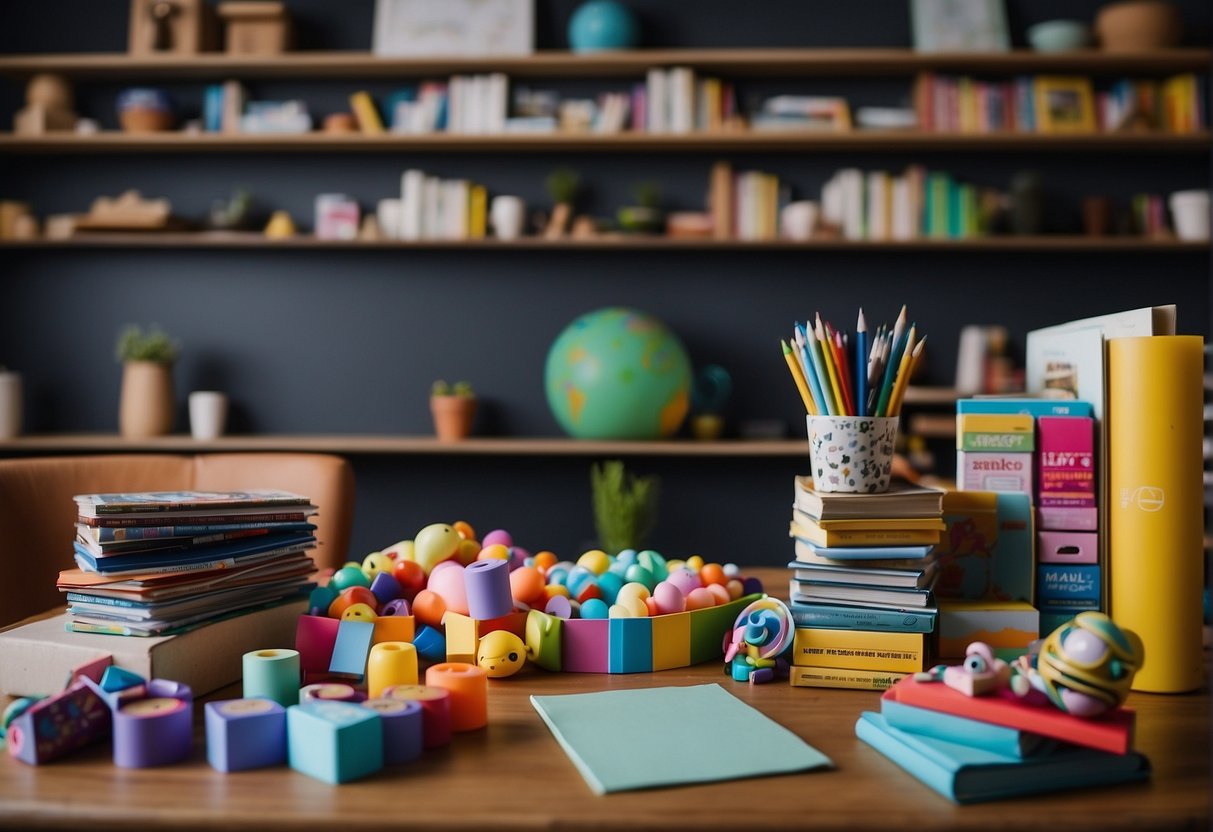 Colorful craft supplies scattered on a table, with paper, markers, glue, and scissors. A bookshelf filled with educational games and toys. A cozy reading nook with bean bags and a chalkboard wall for doodling