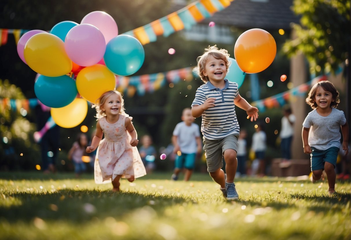 Children play games, run around, and laugh in a colorful garden filled with balloons, streamers, and a festive outdoor party setup