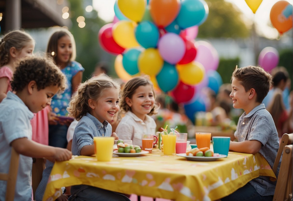 Children playing in a colorful outdoor setting with balloons, streamers, and themed decorations. Tables are adorned with themed tablecloths and centerpieces. A banner hangs overhead with the party theme