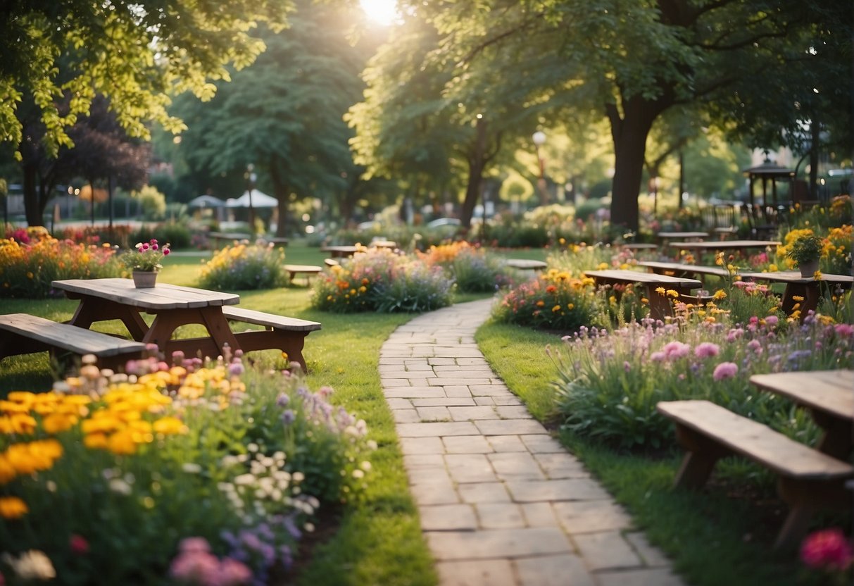 A colorful garden with a variety of play structures, picnic tables, and open grassy areas, surrounded by trees and flowers