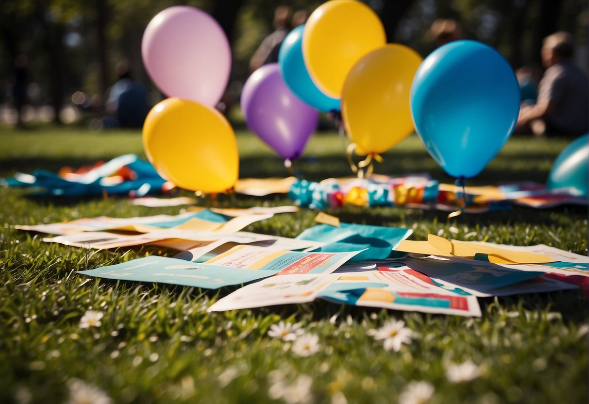 Colorful invitations scattered on grass, with balloons, streamers, and picnic tables nearby. Sun shining, kids playing games and adults chatting