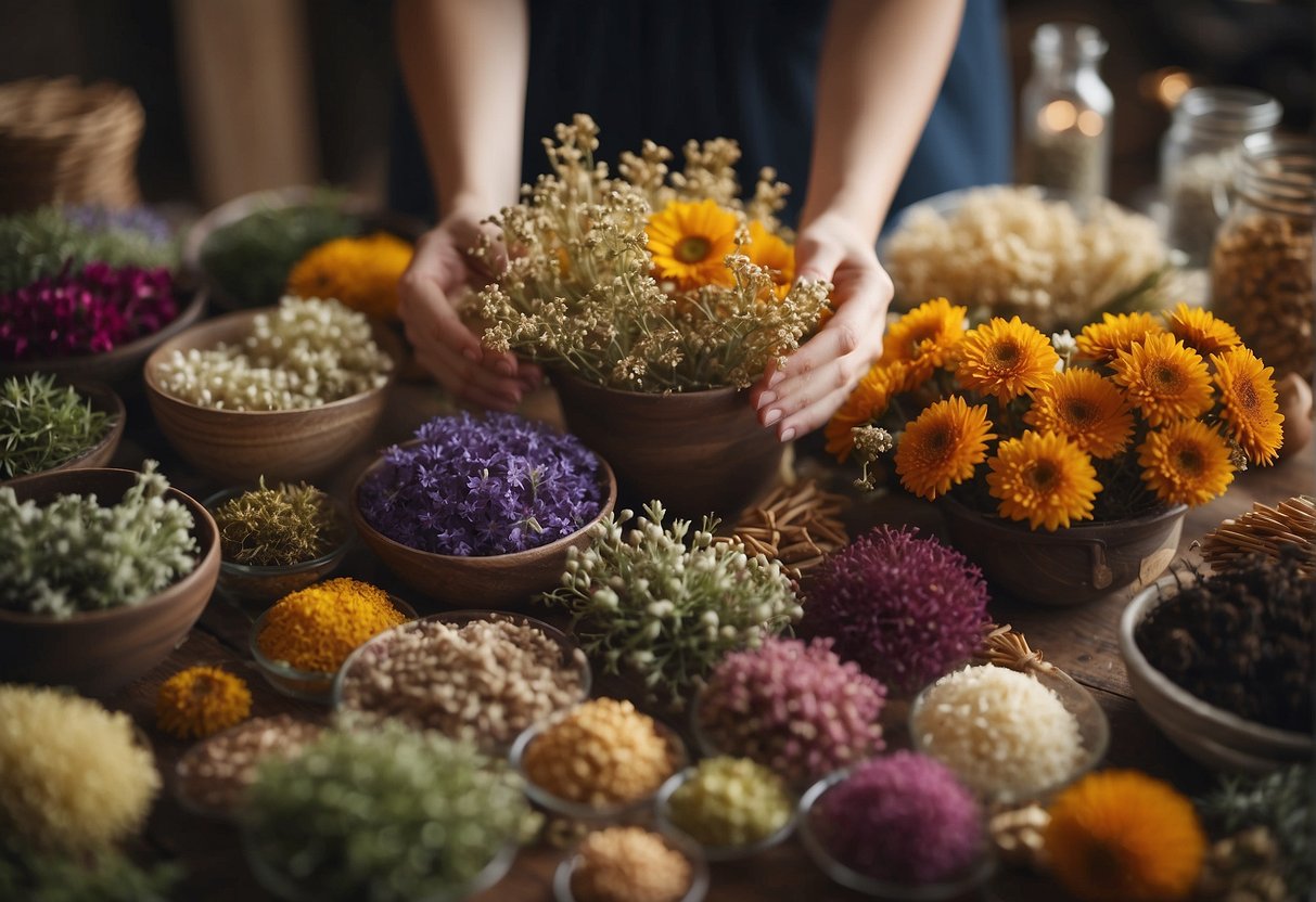 A person carefully selects dried flowers from a variety of options, considering color, shape, and size for a wedding arrangement