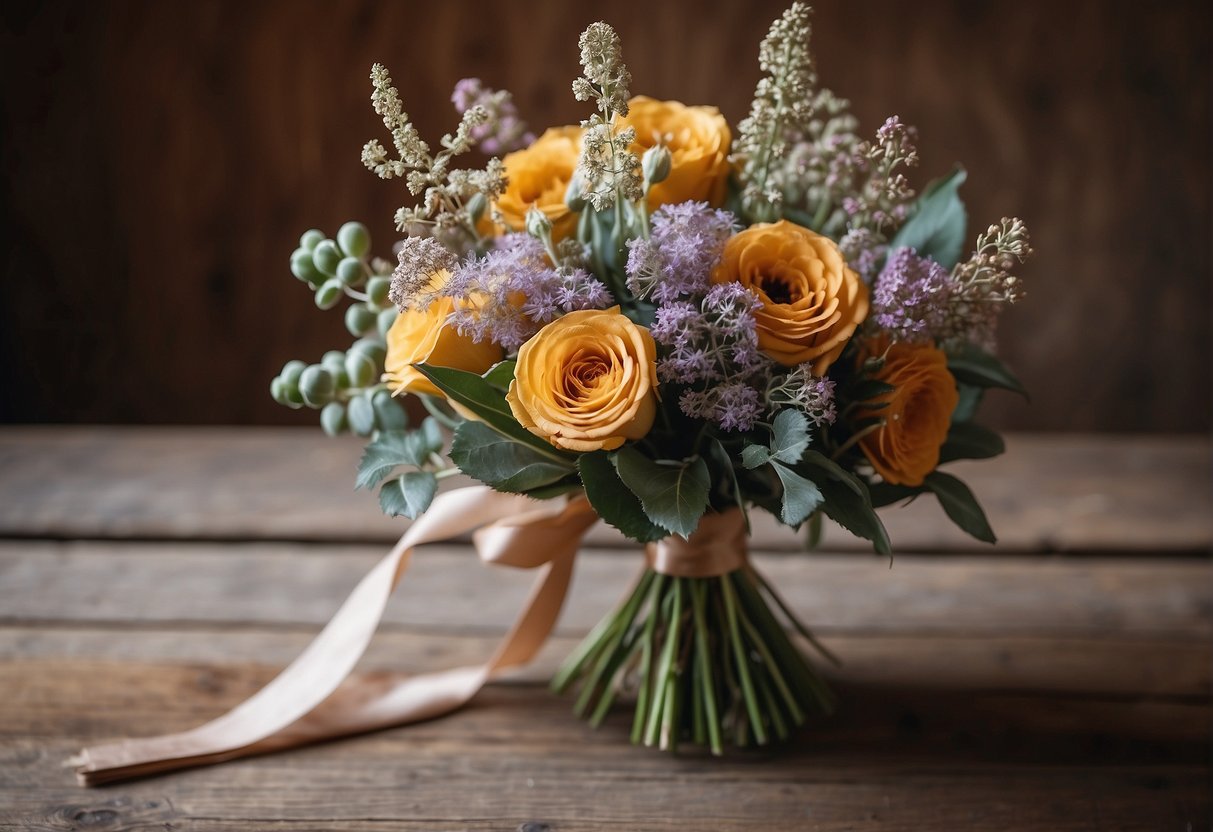 Dried flowers arranged in a wedding bouquet, tied with ribbon, displayed on a rustic wooden table