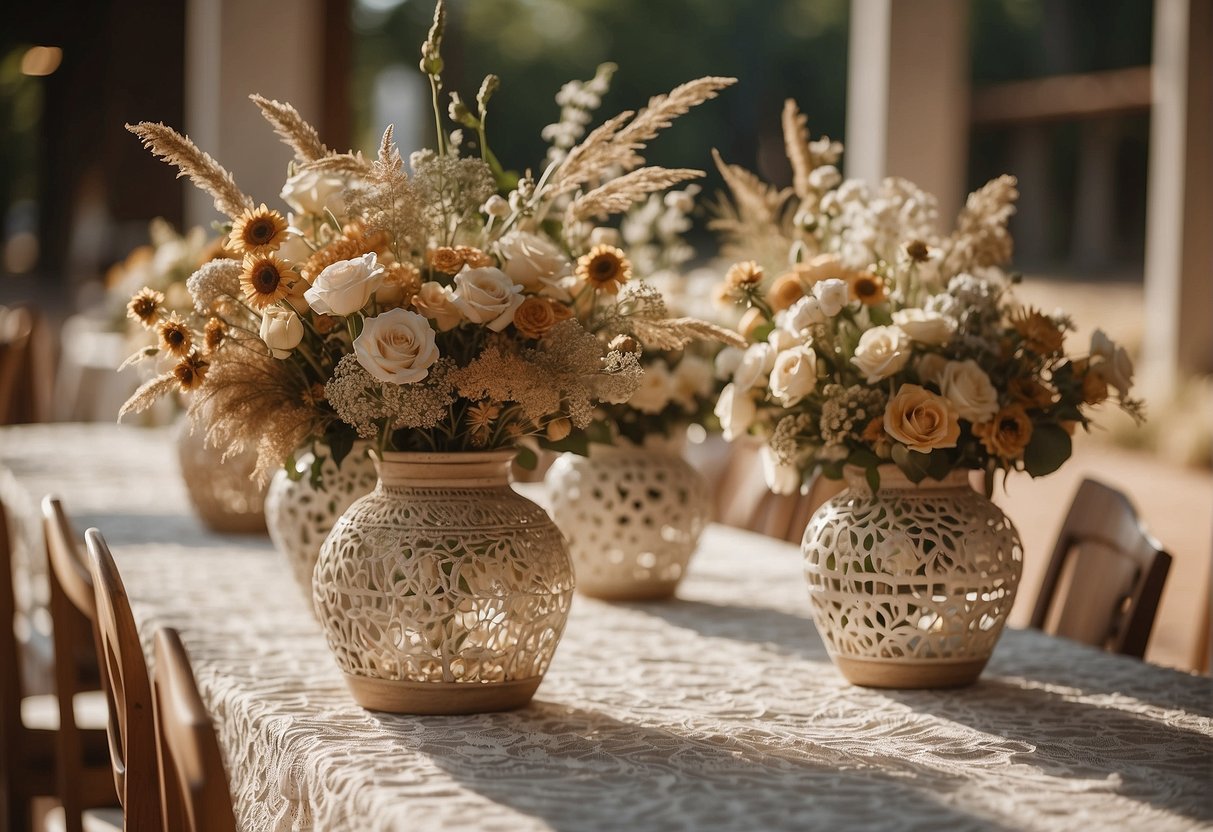 Dried flowers arranged in rustic vases on a lace-covered table for a wedding reception