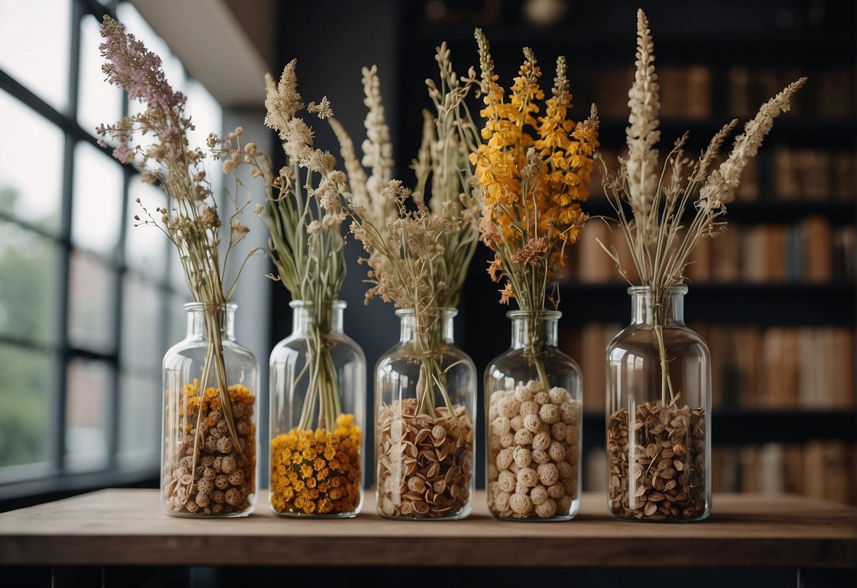 Dried flowers arranged in glass vases, hanging upside down, and pressed between heavy books