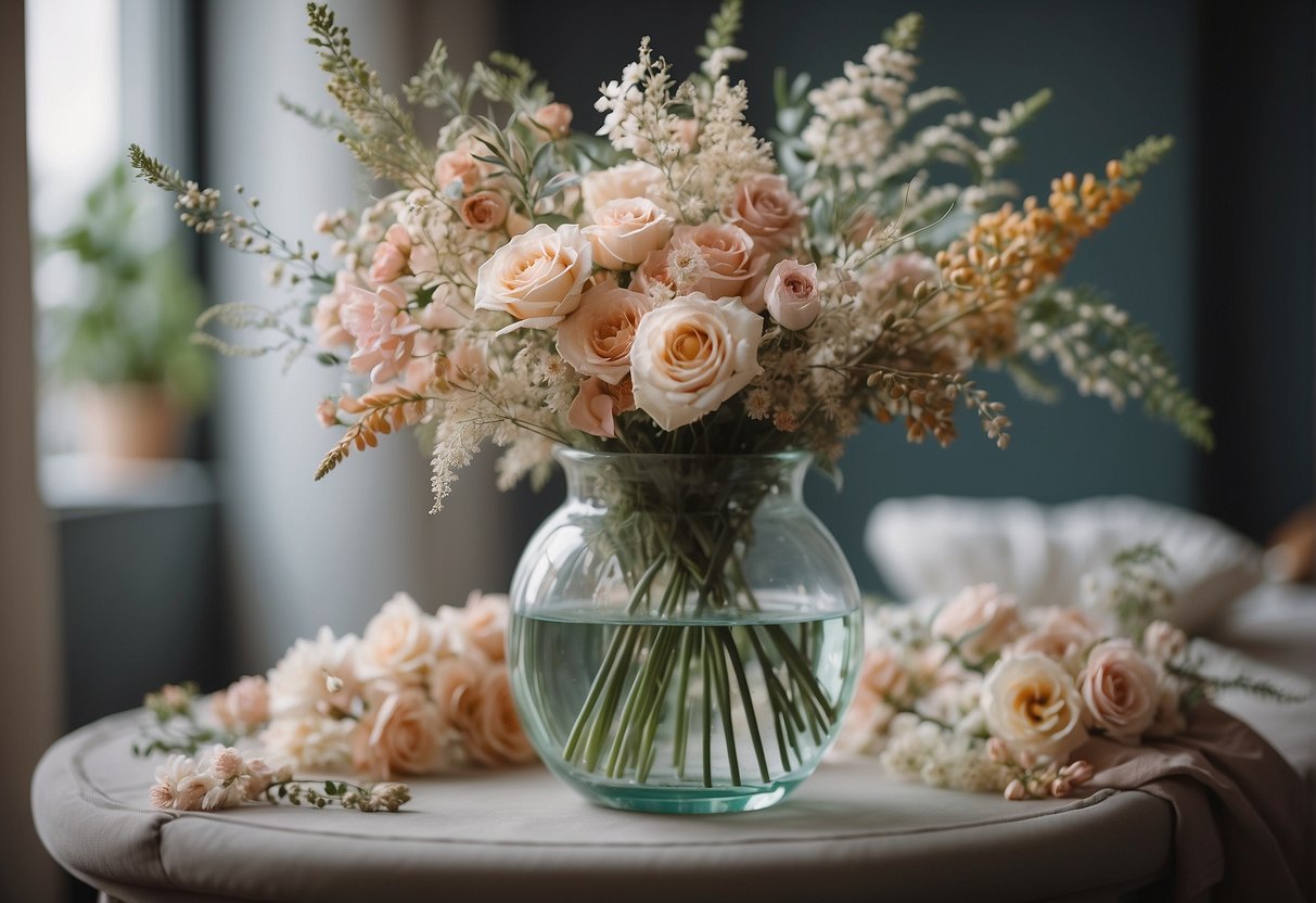 A glass vase filled with dried flowers in soft pastel colors, arranged in a cascading style with delicate greenery and ribbon accents