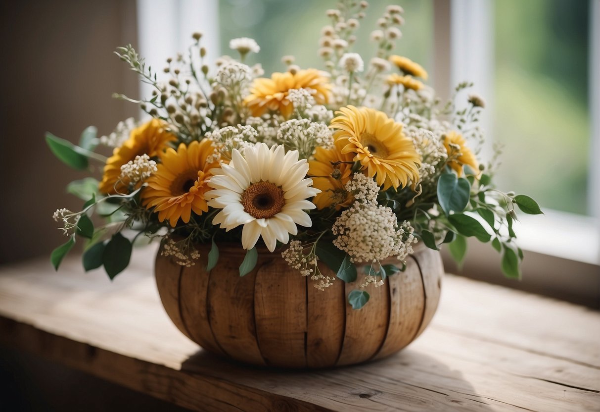 A bouquet of dried and fresh flowers arranged in a rustic vase for a wedding centerpiece