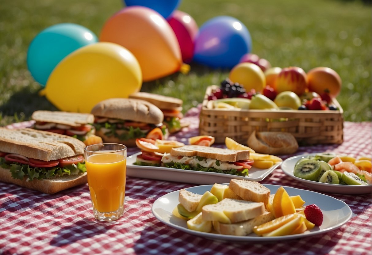 Colorful picnic spread with sandwiches, fruit, and juice boxes on a checkered blanket. Balloons and streamers decorate the outdoor space