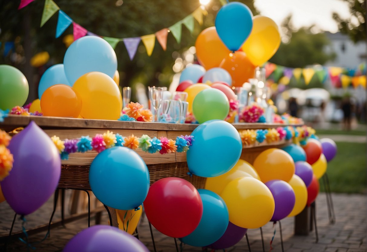 Colorful balloons, streamers, and pinwheels decorate the outdoor space. A table is filled with goody bags, bubbles, and small toys. A banner reads "Happy Birthday" in bold letters