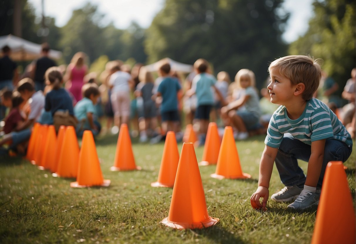 Children play under the watchful eyes of adults at an outdoor party. Safety cones mark boundaries, while a designated area for snacks and drinks is set up nearby