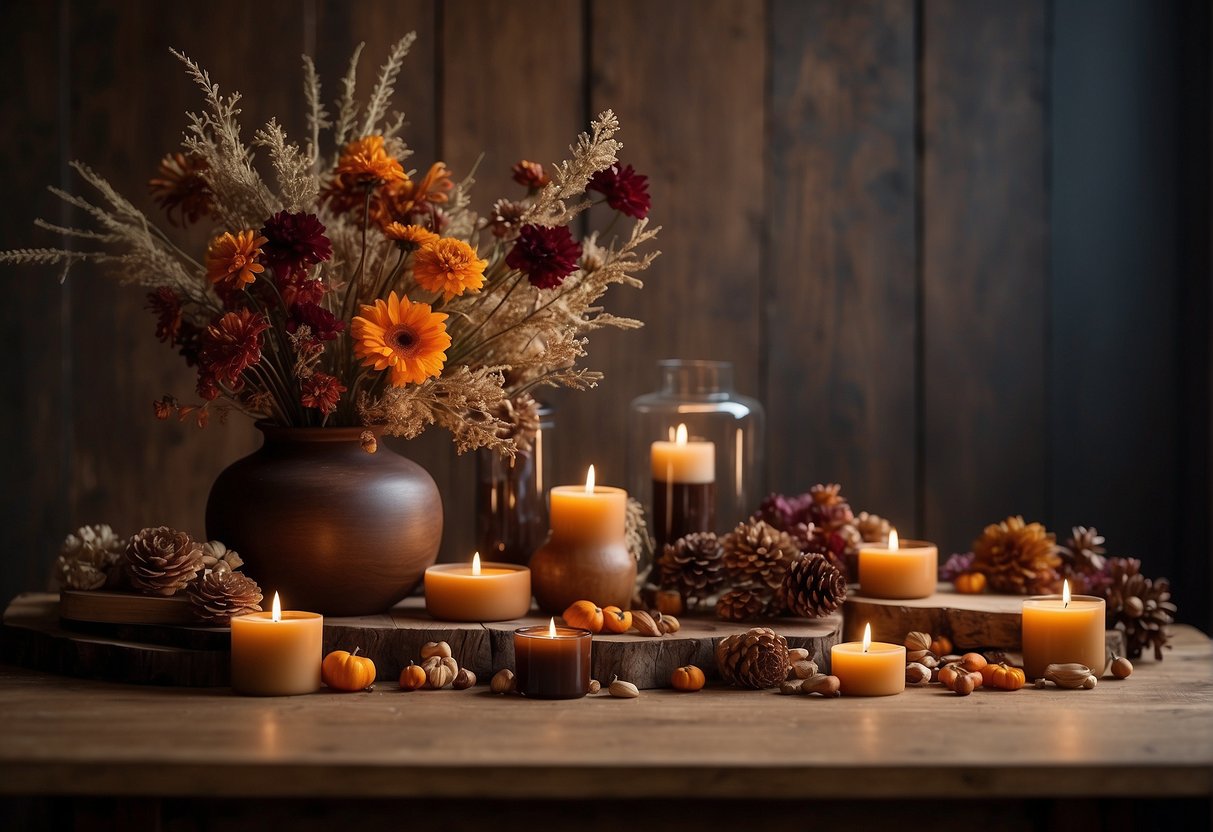 A rustic wooden table adorned with a variety of dried flowers in warm fall and winter hues, including deep reds, oranges, and browns, arranged in elegant vases and scattered across the table