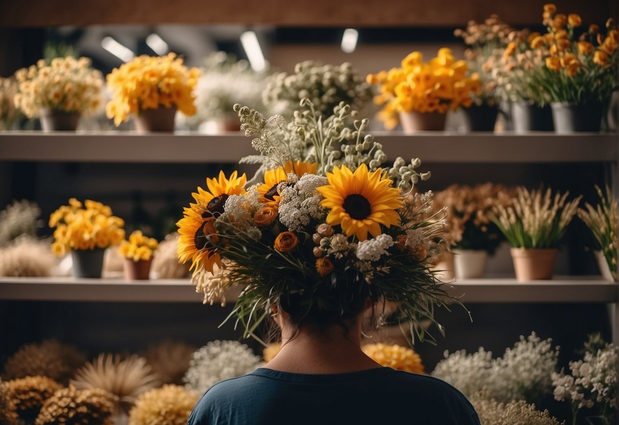 A person purchases bundles of dried flowers from a florist. They arrange and work with the flowers to create wedding decorations
