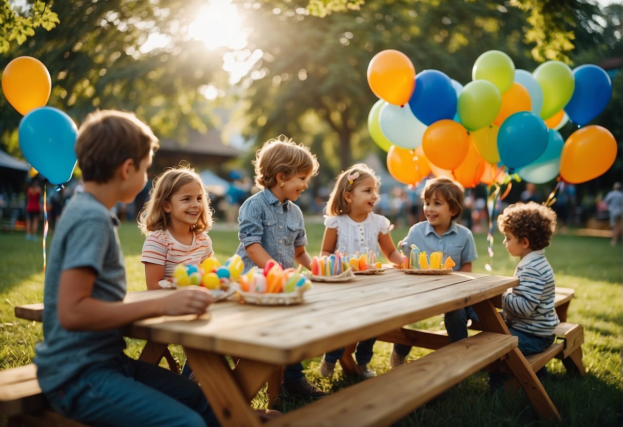 Children playing games, parents supervising. Picnic tables with colorful decorations. Balloons and streamers. Outdoor setting with trees and grassy area