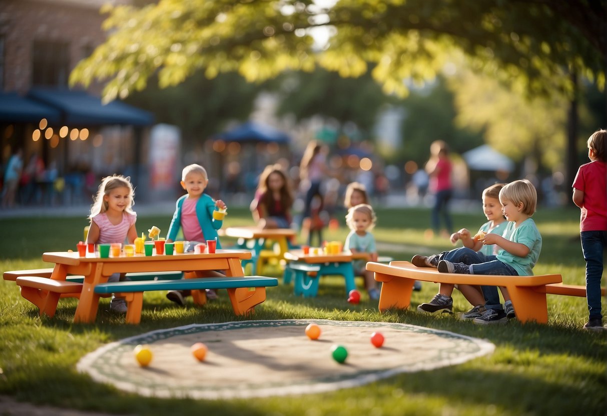 Children playing games, colorful decorations, picnic tables, and a designated area for food and drinks. Safety signs and adult supervision are also present