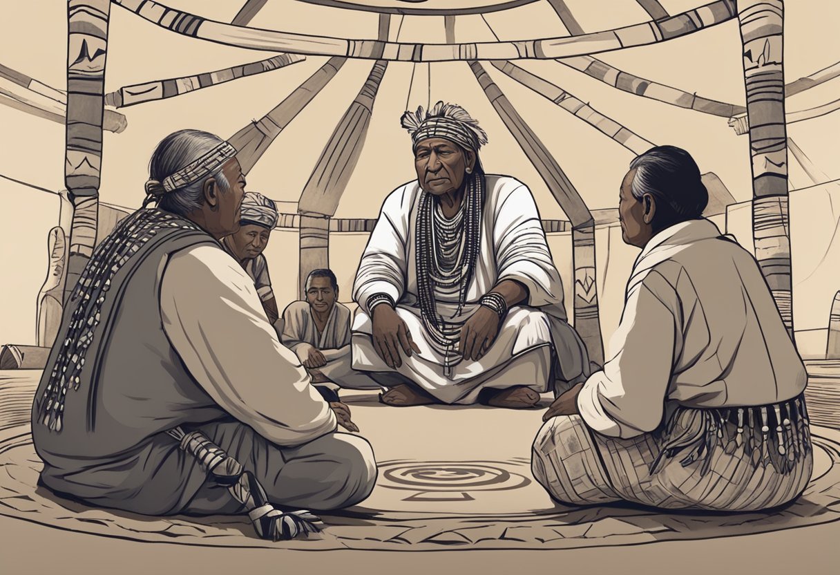 A tribal chief sits in a circle with elders, discussing same-day loan approvals. A traditional tribal symbol hangs in the background