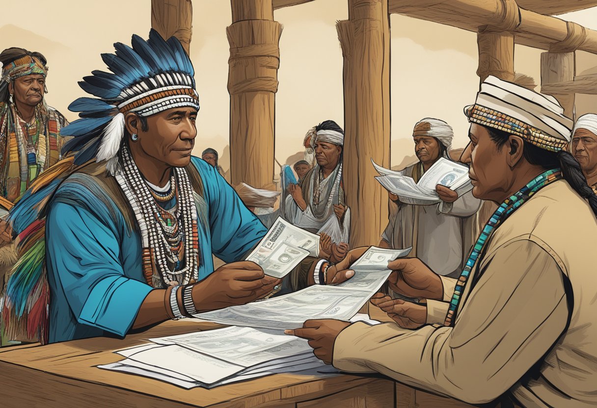 A tribal chief receives $500 in cash from a lender, with a signed agreement in the background
