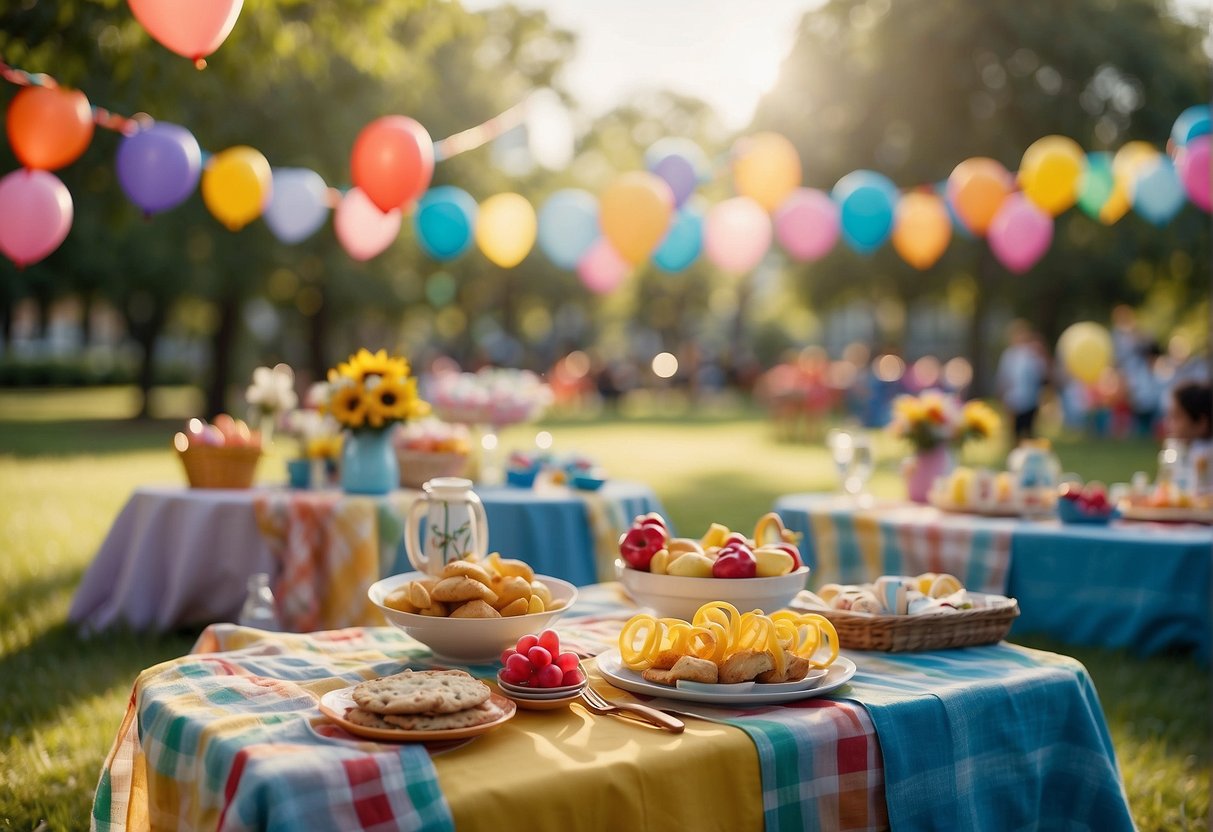 Children's party scene with balloons, streamers, and picnic blankets set up in a sunny park. Tables adorned with colorful decorations and party favors. Laughter and games fill the air
