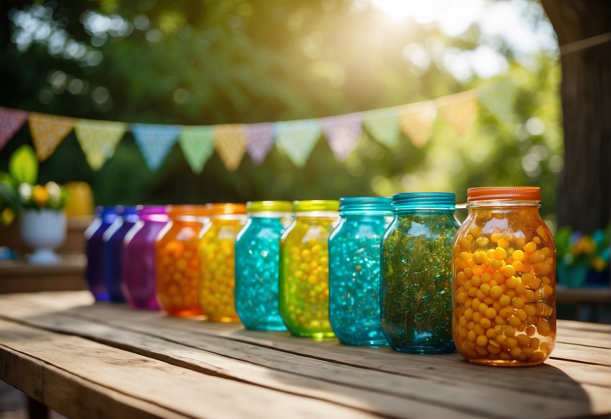 Colorful reusable decorations adorn a garden. Biodegradable tableware and compostable party favors are displayed on a sustainable picnic table. A recycling station is set up for guests