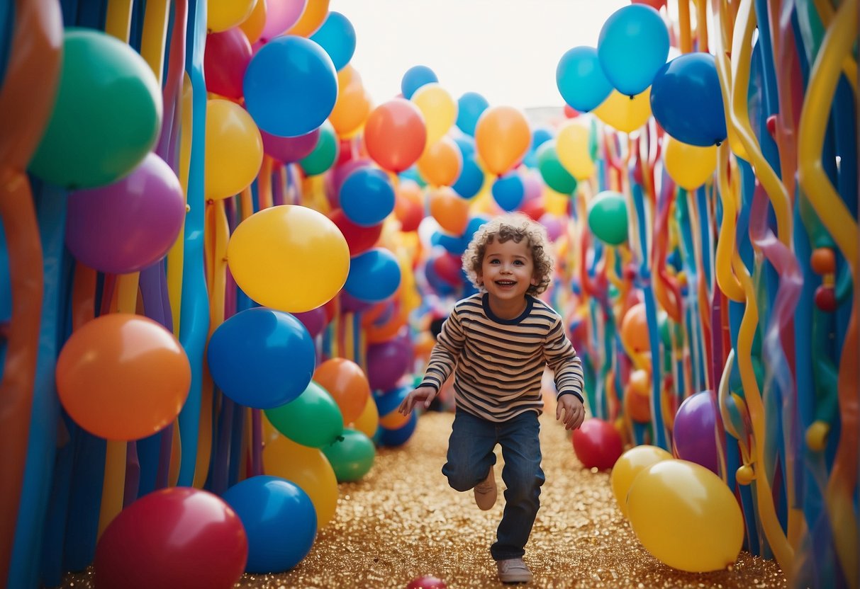 Children playing in a colorful, interactive maze with slides, tunnels, and obstacles. Balloons, streamers, and confetti add to the festive atmosphere