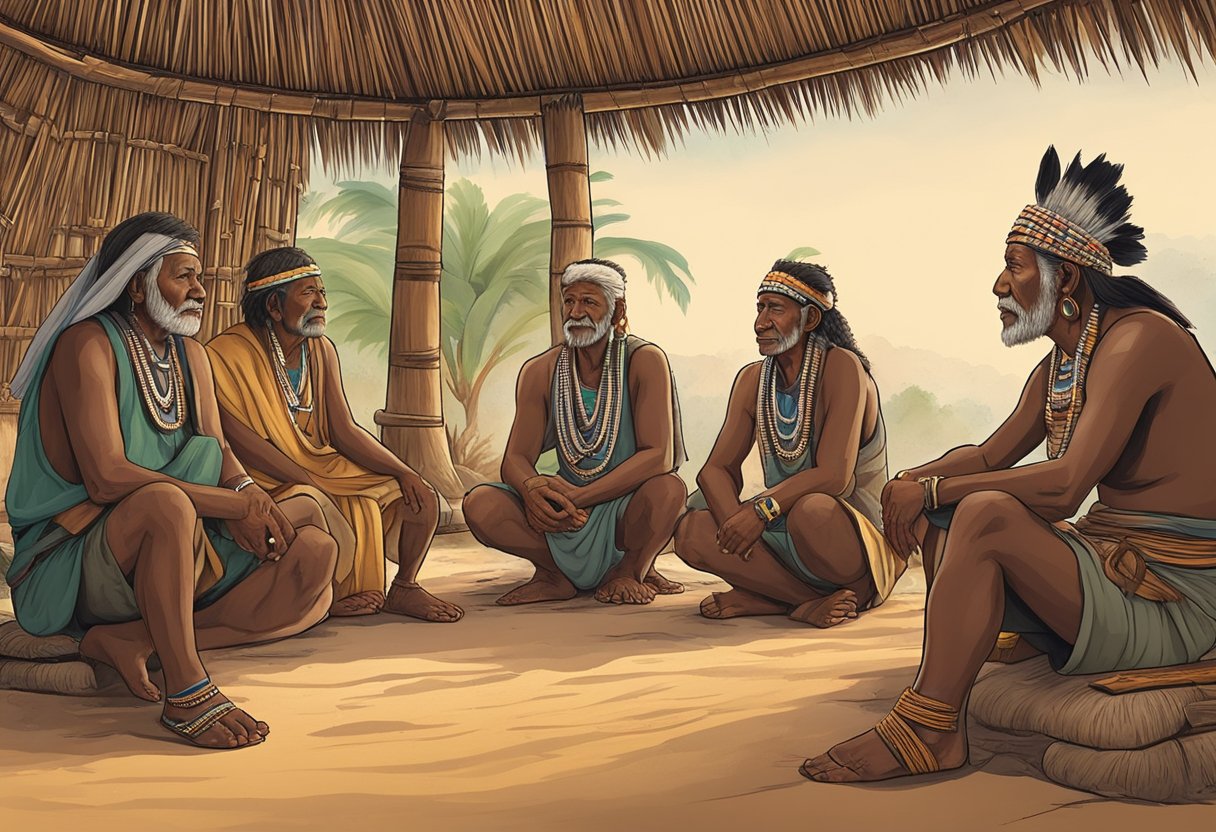 A tribal chief sits in a traditional hut, surrounded by elders. They discuss the easiest tribal loans to obtain, while a fire burns in the center