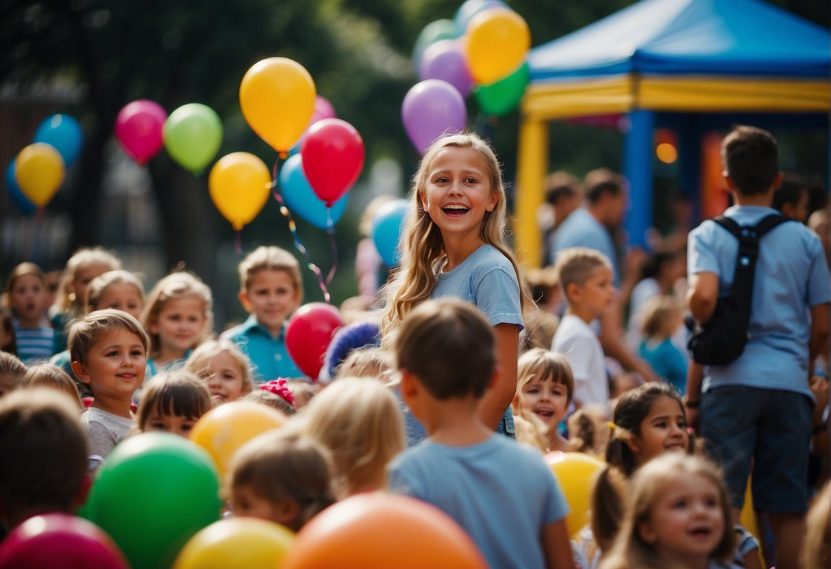 Children enjoy a lively outdoor festival with colorful booths, games, and interactive activities. Balloons, streamers, and music create a festive atmosphere